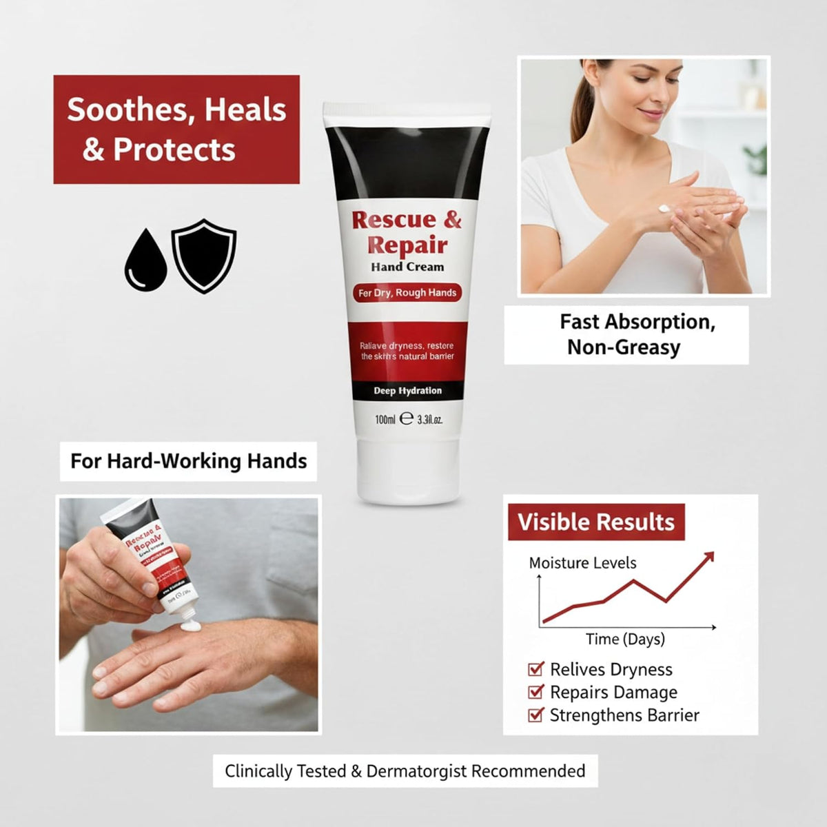 Infographic captioned soothes, heals and protects with a fast absorption and non-greasy callout, a gardening lifestyle photo, and a chart graphic claiming visible moisture results