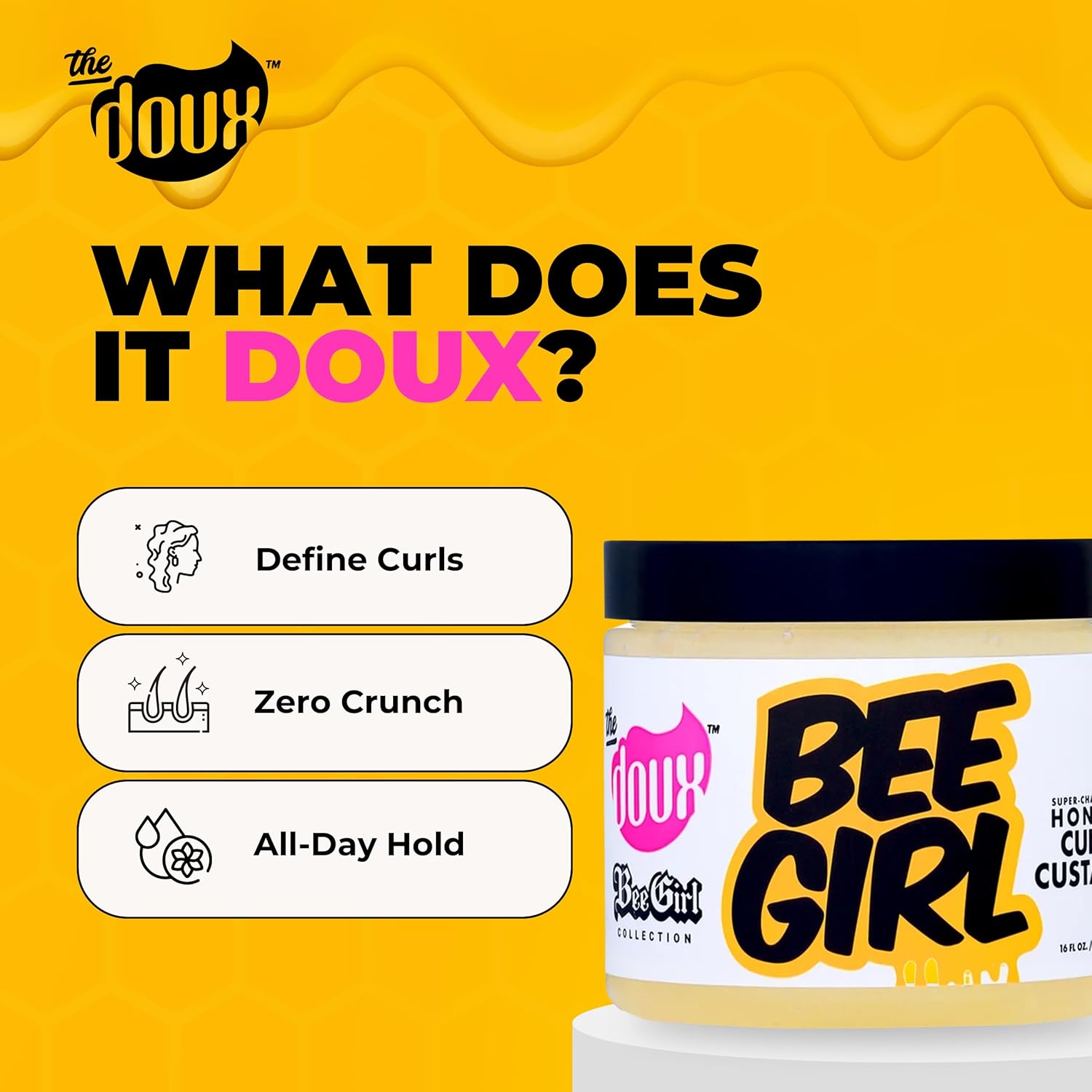 Doux hair product with features and a jar of Doux Bee Girl product