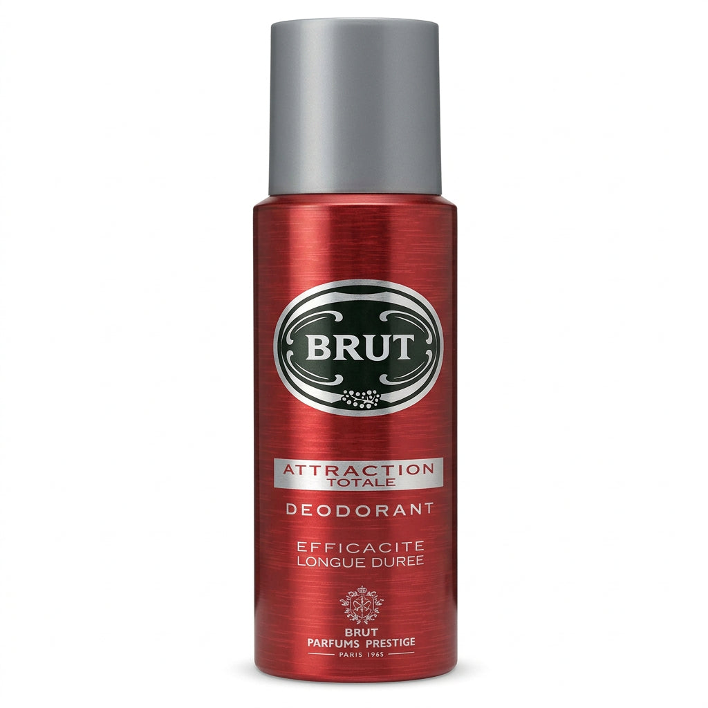 Red Brut Attraction Totale deodorant aerosol can with a grey cap