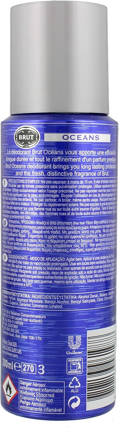 Back of the Brut Oceans can with multi-language usage text and warnings
