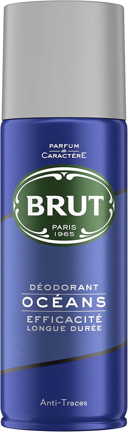 Brut Oceans deodorant can, close view of the front label