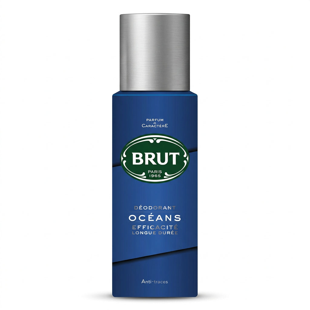 Brut Oceans deodorant 200 ml blue aerosol can, front view