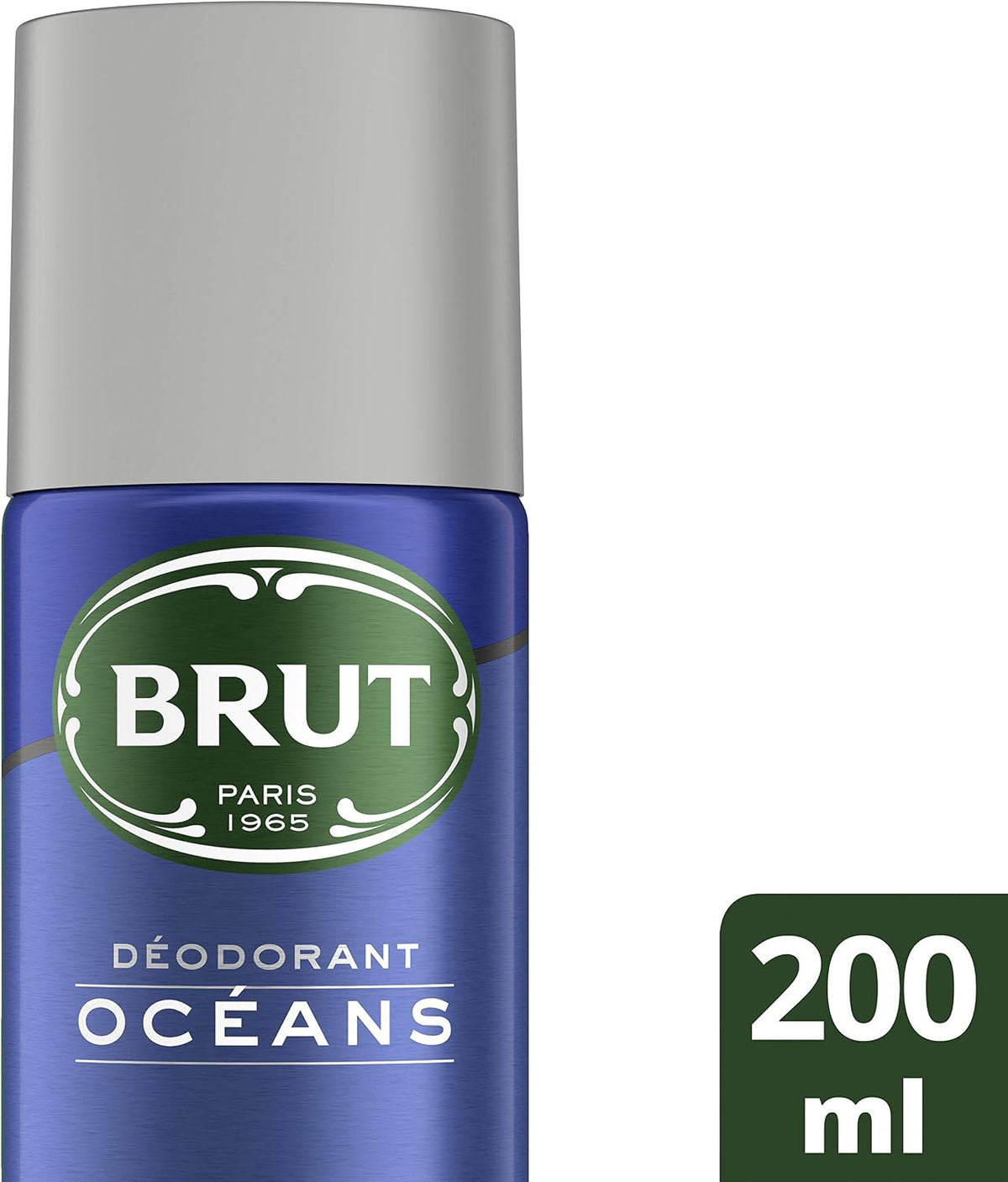 Small Brut Oceans deodorant can beside a 200 ml badge