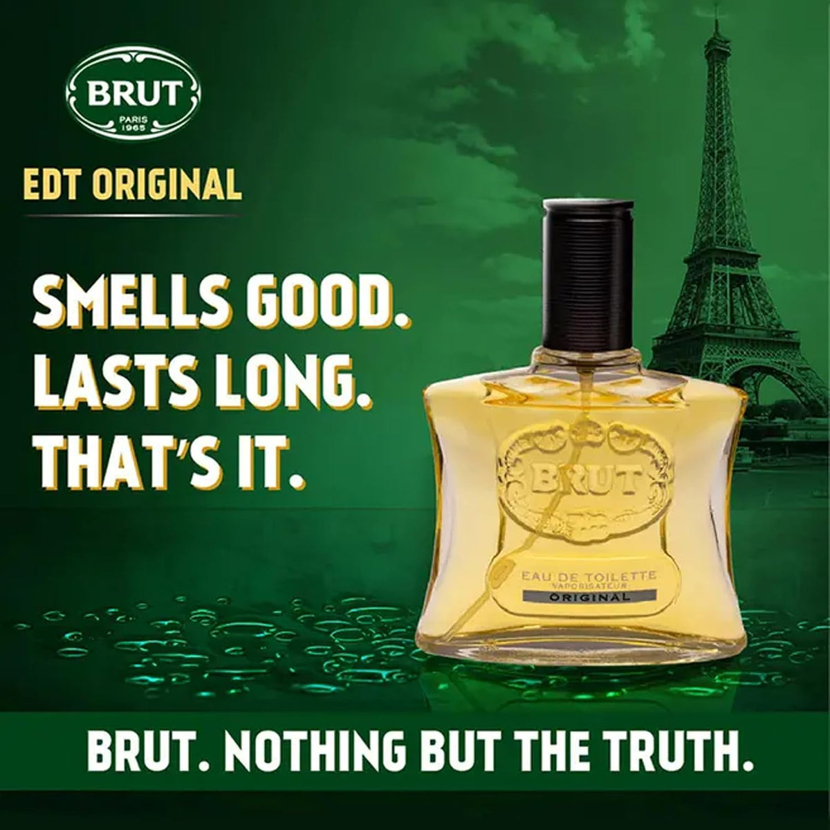 Brut Original Eau de Toilette glass bottle with a black cap beside the text Smells good. Lasts long. That's it. on a green Paris backdrop