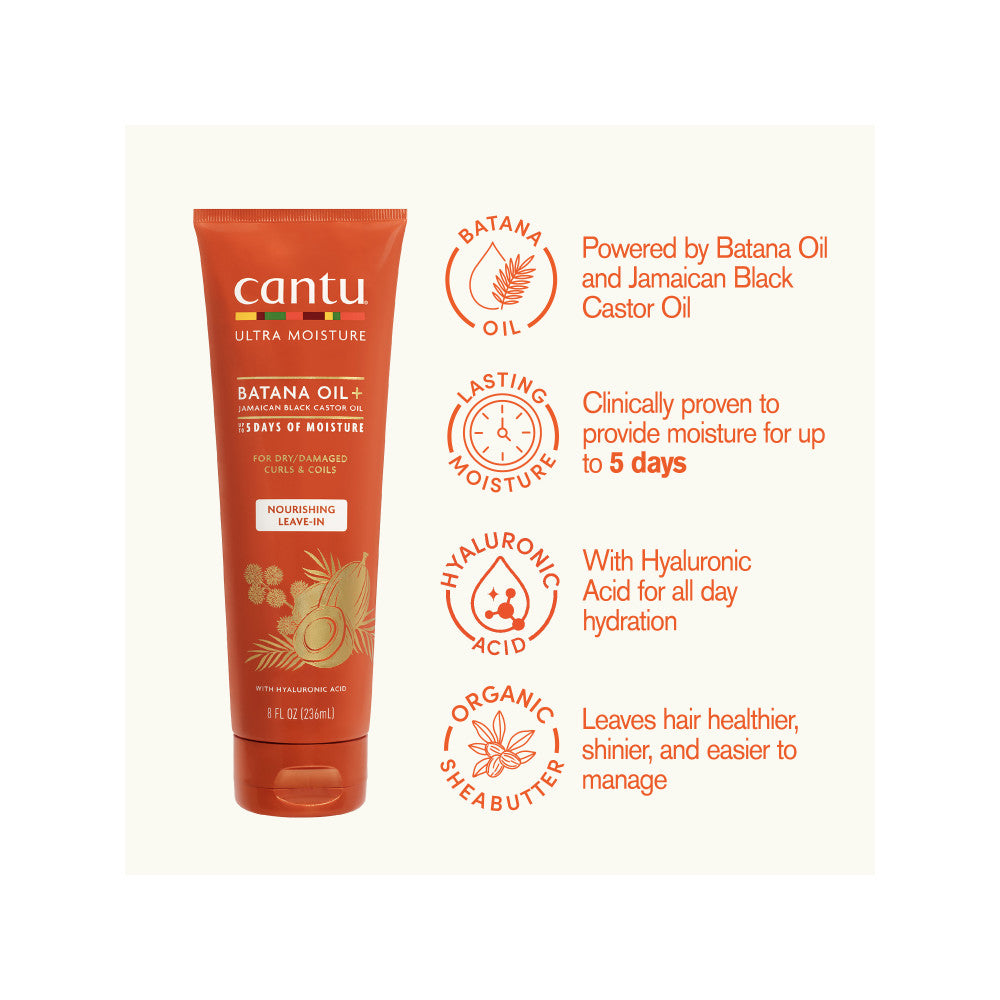 Cantu leave-in conditioner with Batana Oil and hydration feature callouts