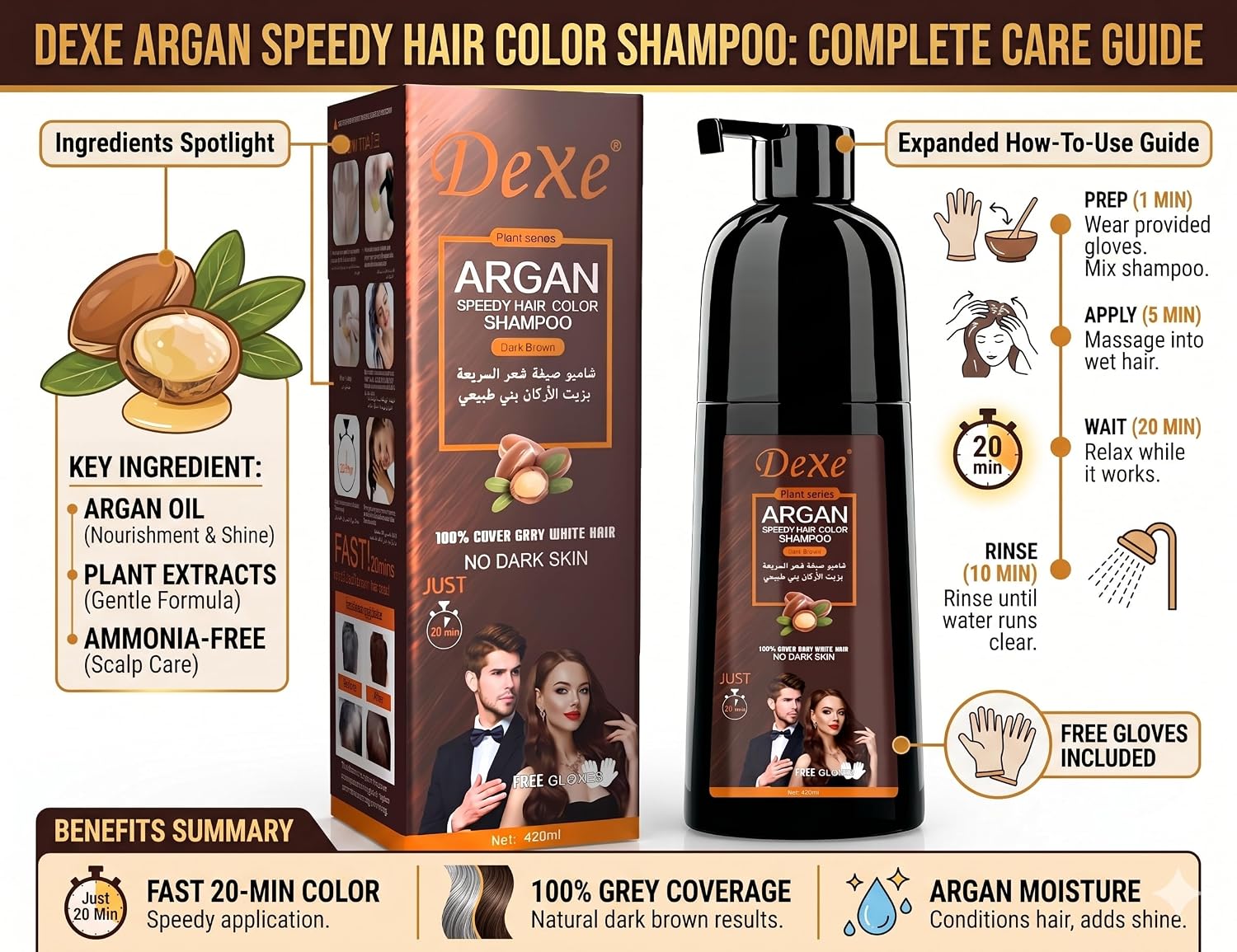Dexe Argan Instant Hair Colour Shampoo for Grey Hair | Dark Brown - Transform grey hair to a rich dark brown in just 5 - Imag