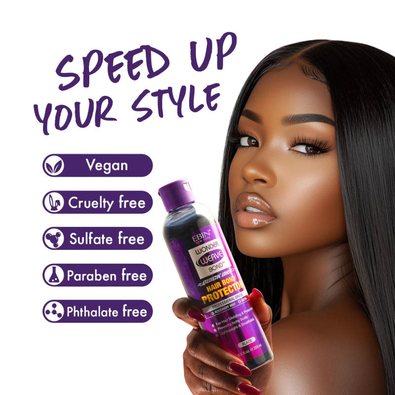 Graphic with the words Speed up your style, a woman with long straight dark hair holding a purple bottle, and a list of five badges