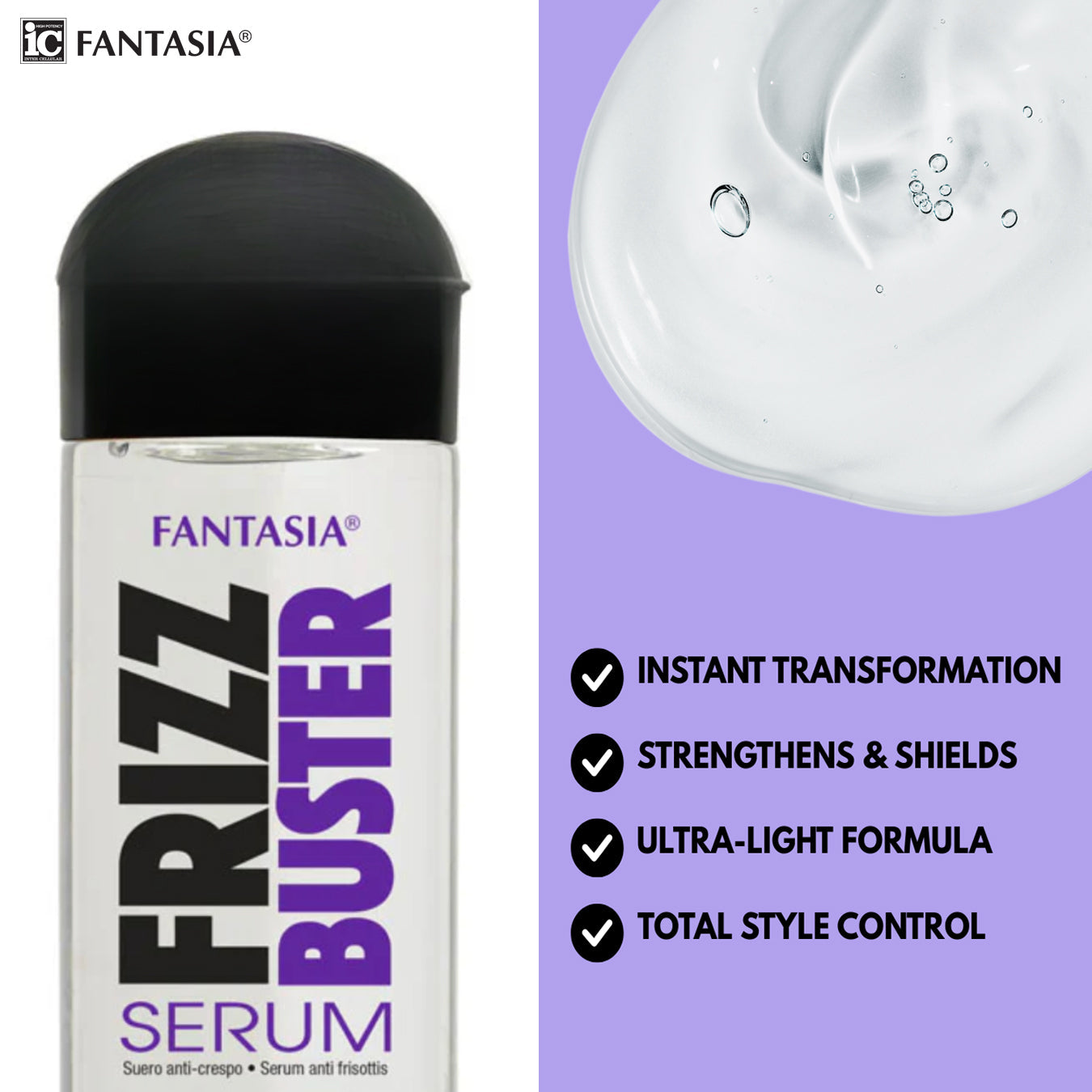 Fantasia IC Frizz Buster Serum with product benefits
