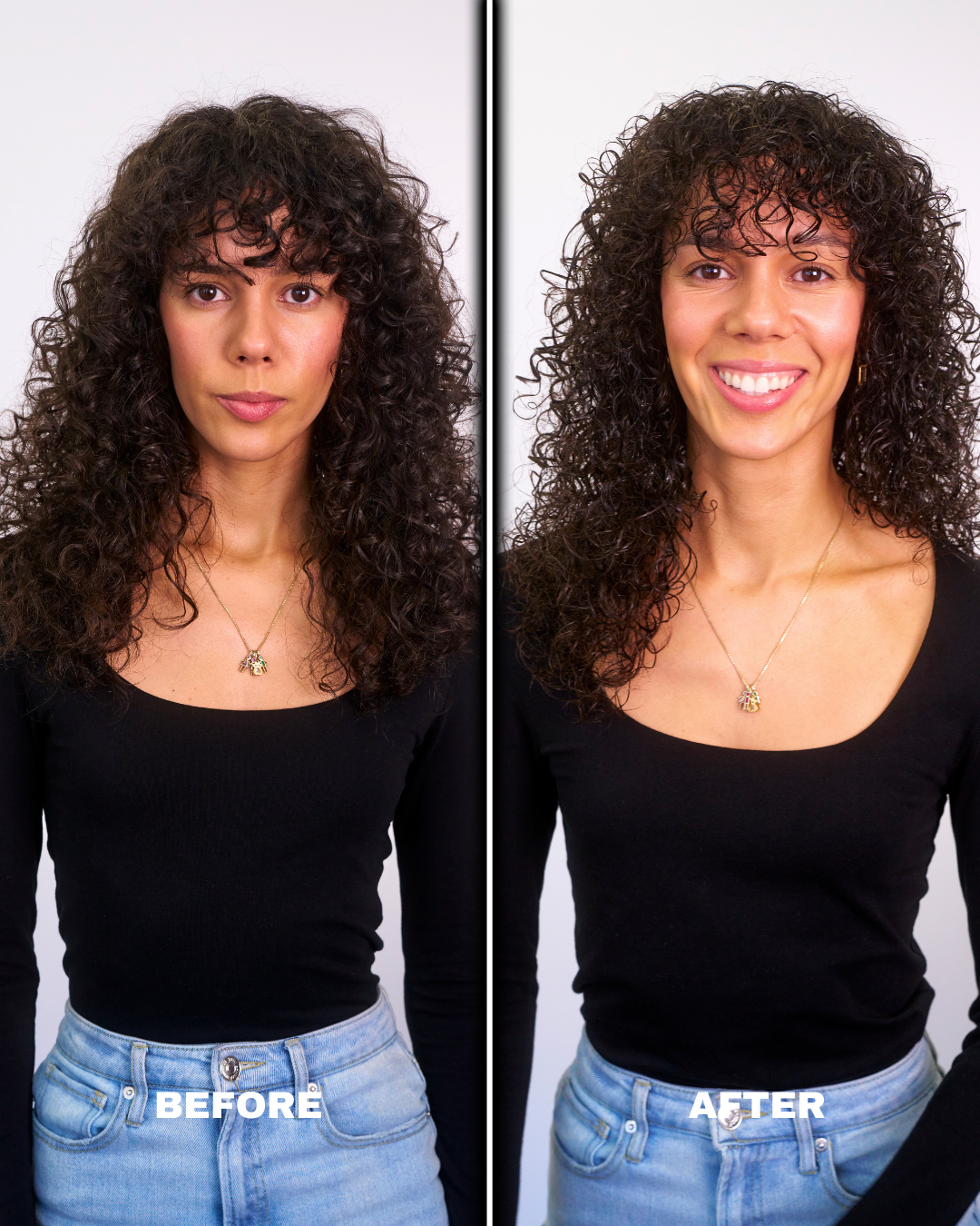 Curly hair before and after using Fantasia IC Frizz Buster Serum