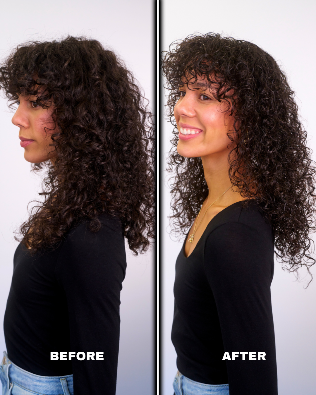 Side view of curly hair before and after Fantasia IC Frizz Buster Serum
