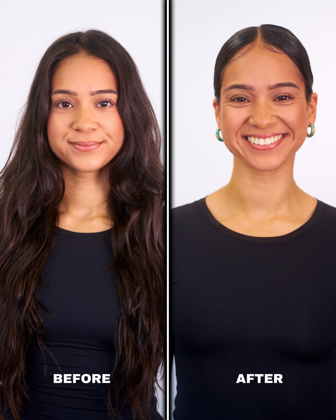 Long hair before and sleek style after Fantasia IC Frizz Buster Serum