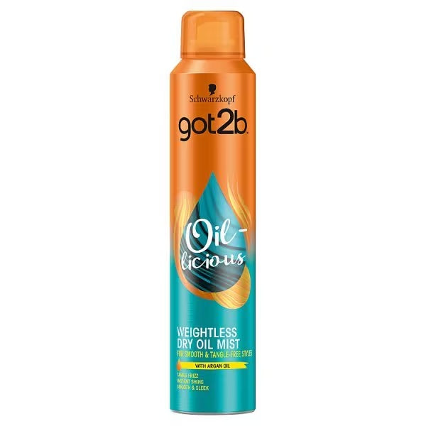 got2b Oil-licious Weightless Dry Oil Mist 200 ml orange and teal can with argan oil label, front view
