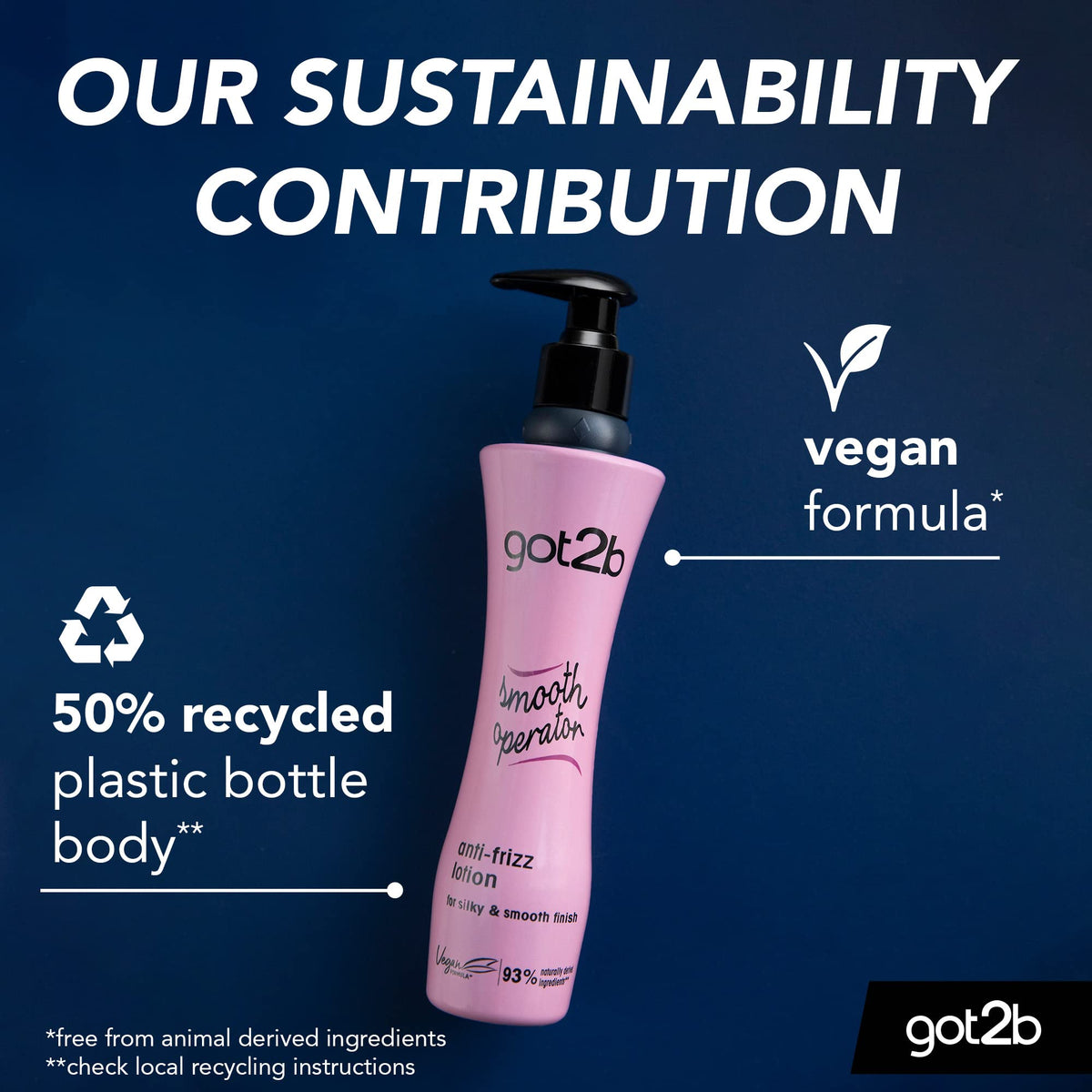 got2b Smooth Operator sustainability graphic: vegan formula and 50% recycled plastic bottle body