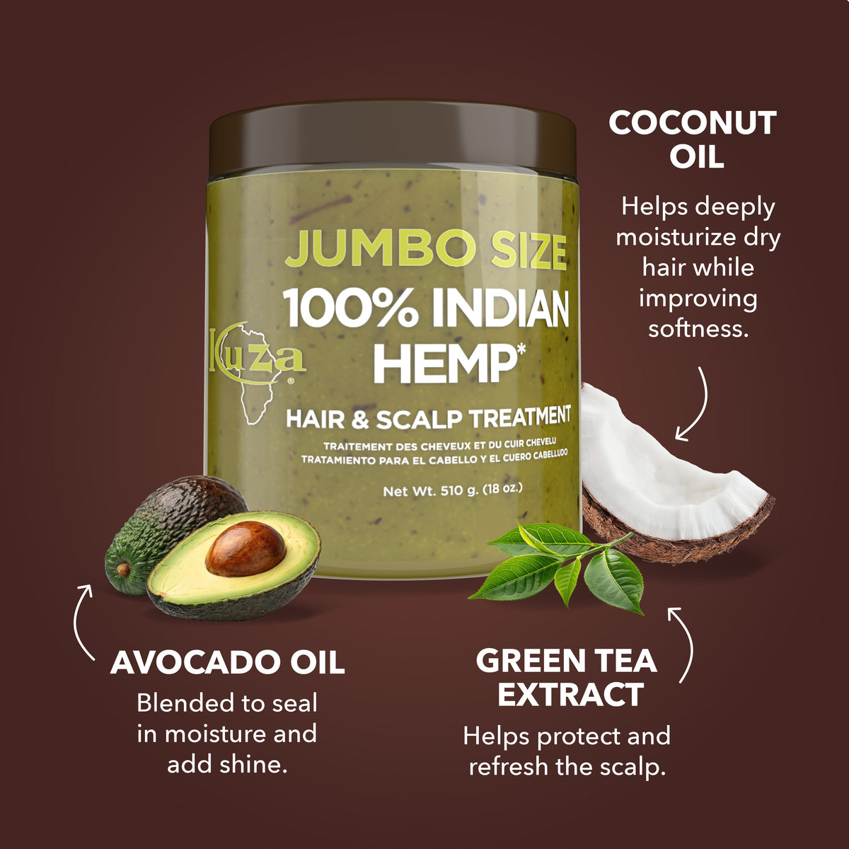 Jumbo Size jar surrounded by avocado, coconut and green tea with short ingredient captions