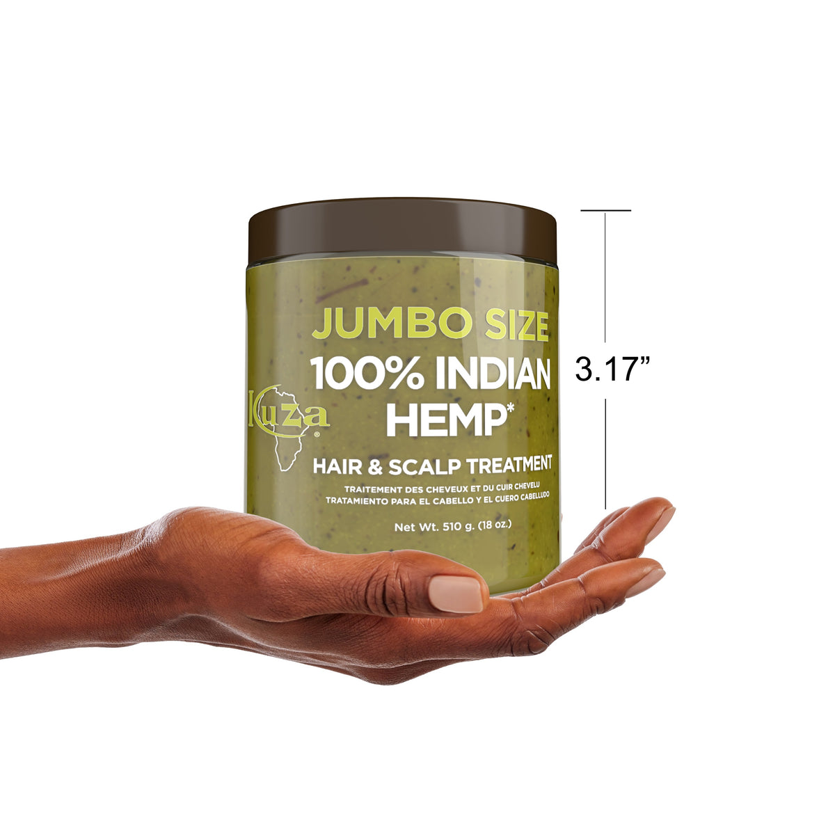 Hand holding the Jumbo Size jar with a jar height of 3.17 inches marked beside it