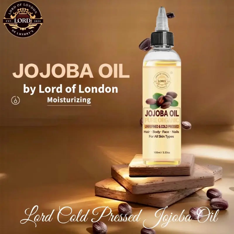 Lord of London Jojoba Oil bottle on neutral background
