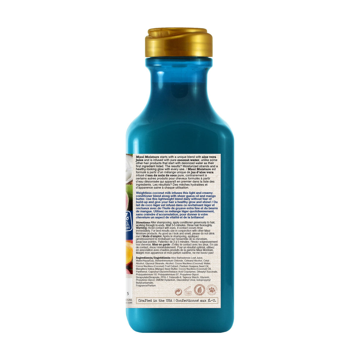 Back of the Maui Moisture coconut milk conditioner bottle showing the directions and ingredients panel