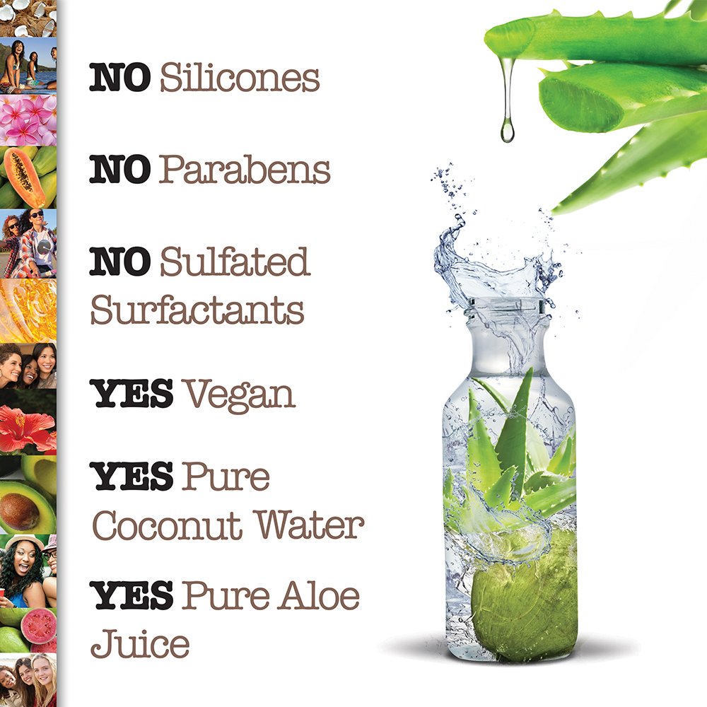 Graphic with a yes and no checklist of formula points beside a glass of aloe and coconut water