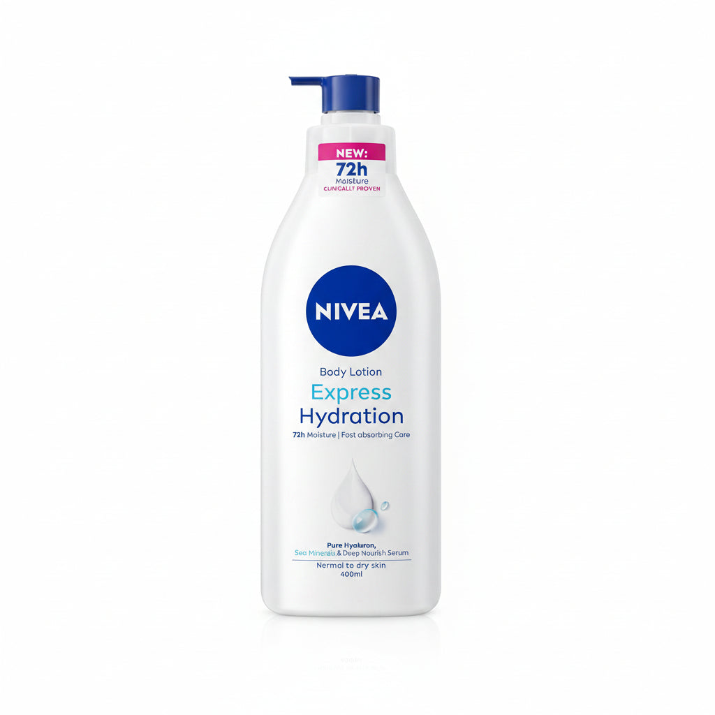 Nivea Express Hydration 400 ml pump bottle labelled 72-hour moisture