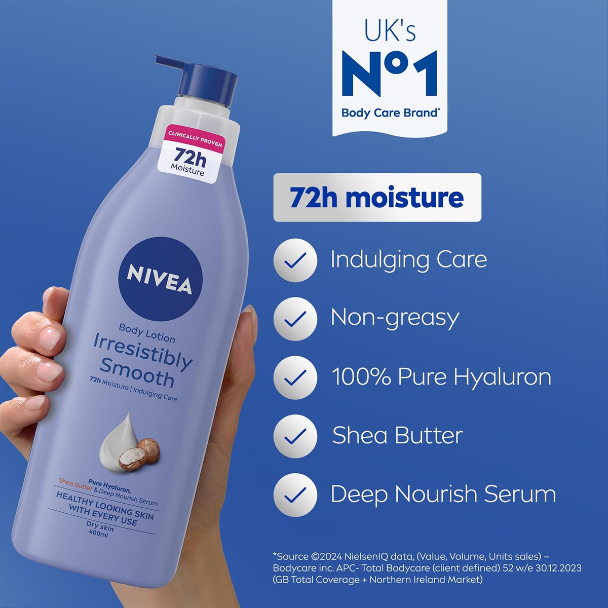 Nivea Irresistibly Smooth bottle and shea butter care features