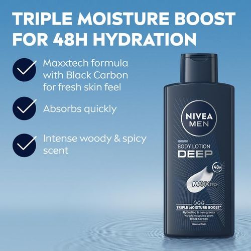 Nivea Men Deep lotion graphic showing Triple Moisture Boost, Black Carbon and woody spicy scent