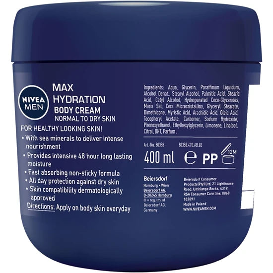 Back of Nivea Men Max Hydration 400 ml jar with ingredients and daily directions