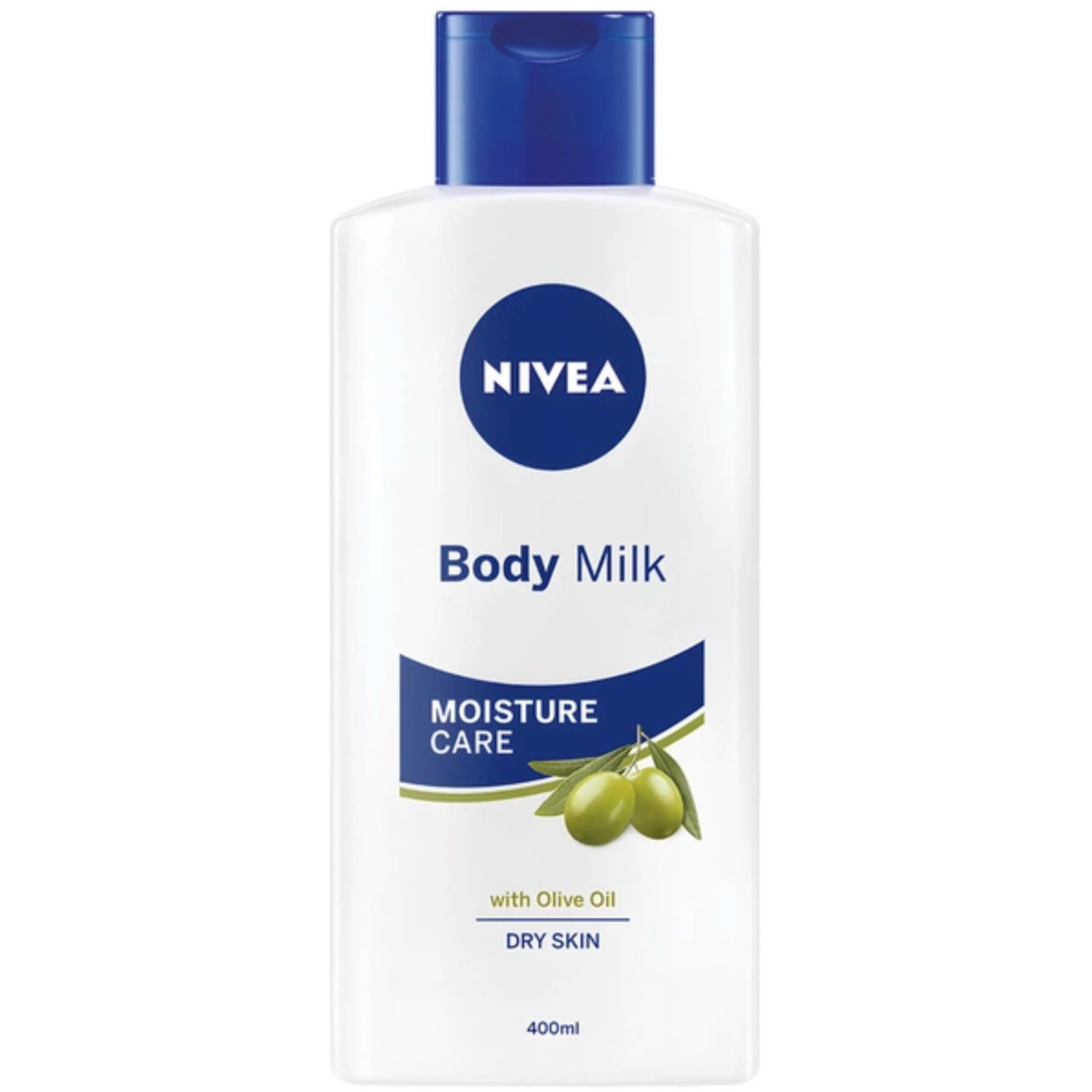 White Nivea Moisture Care Body Milk 400 ml bottle with olive oil illustration