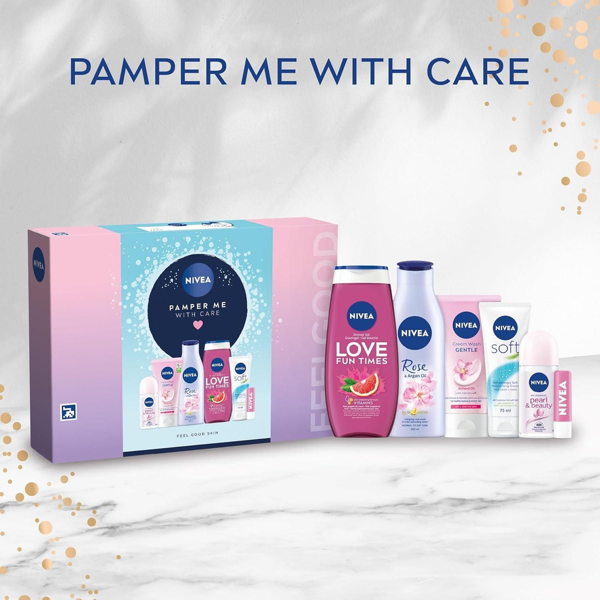 Single Pamper Me With Care box with grapefruit shower gel, rose lotion, cream wash, Soft cream, roll-on and lip balm