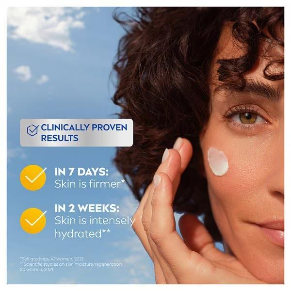 Nivea Q10 night cream results graphic with woman applying cream