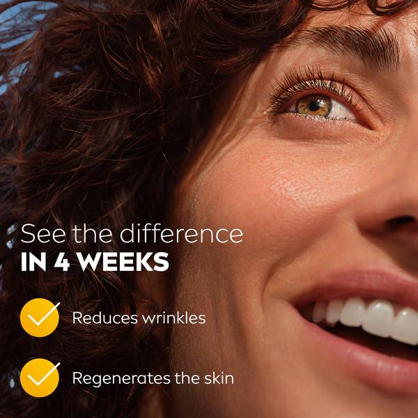 Nivea Q10 night cream four-week wrinkle-care graphic with smiling woman