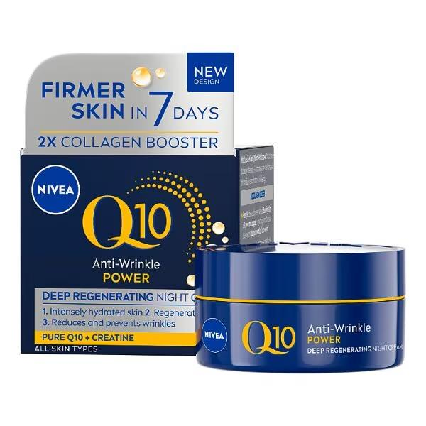 Nivea Q10 Power deep regenerating night cream jar beside its carton