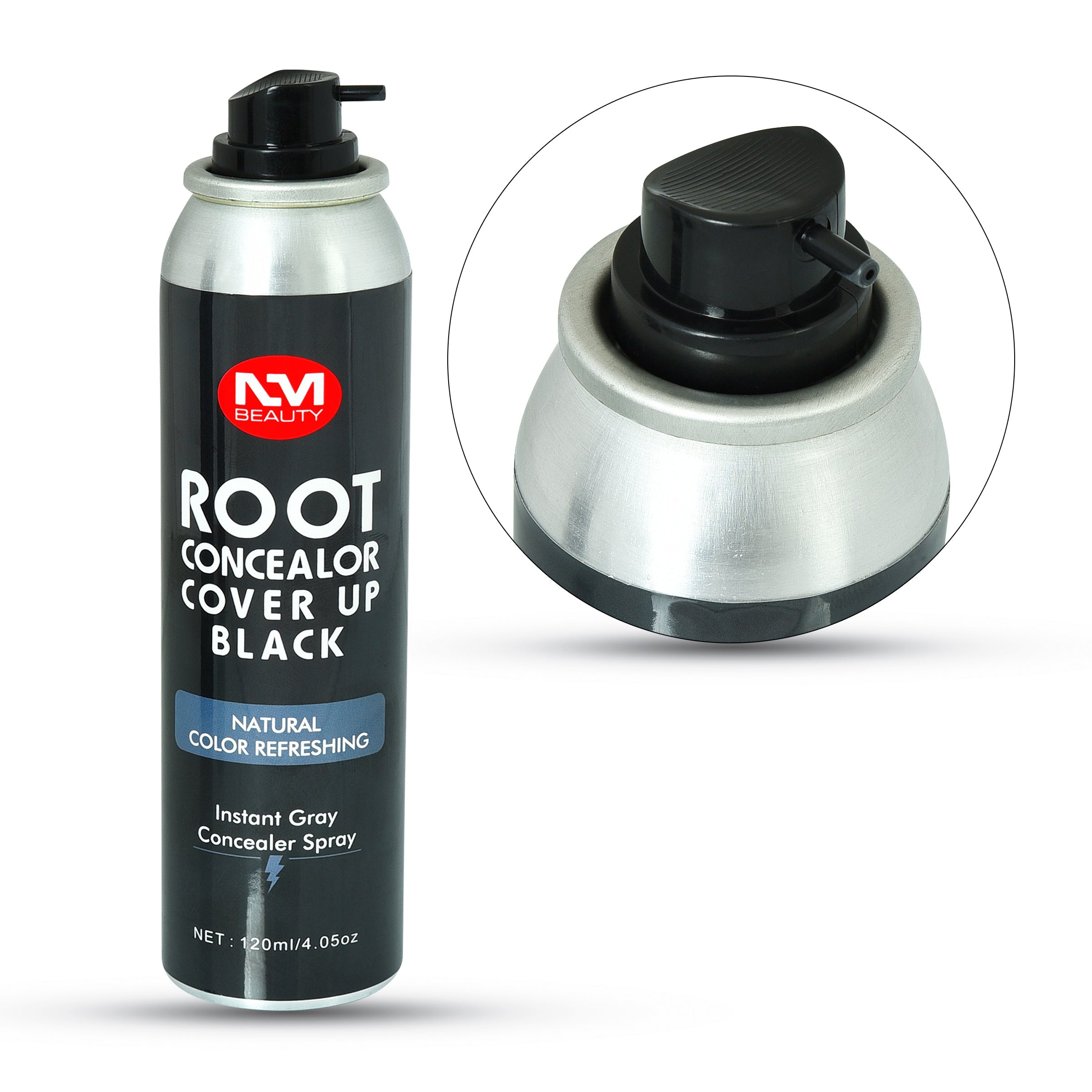 NM Beauty Root Concealer Spray Black bottle and spray head close-up