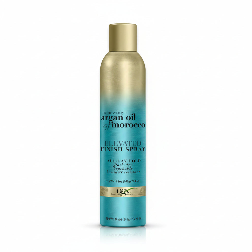 OGX Argan Oil Elevated Finish Spray aerosol can front view