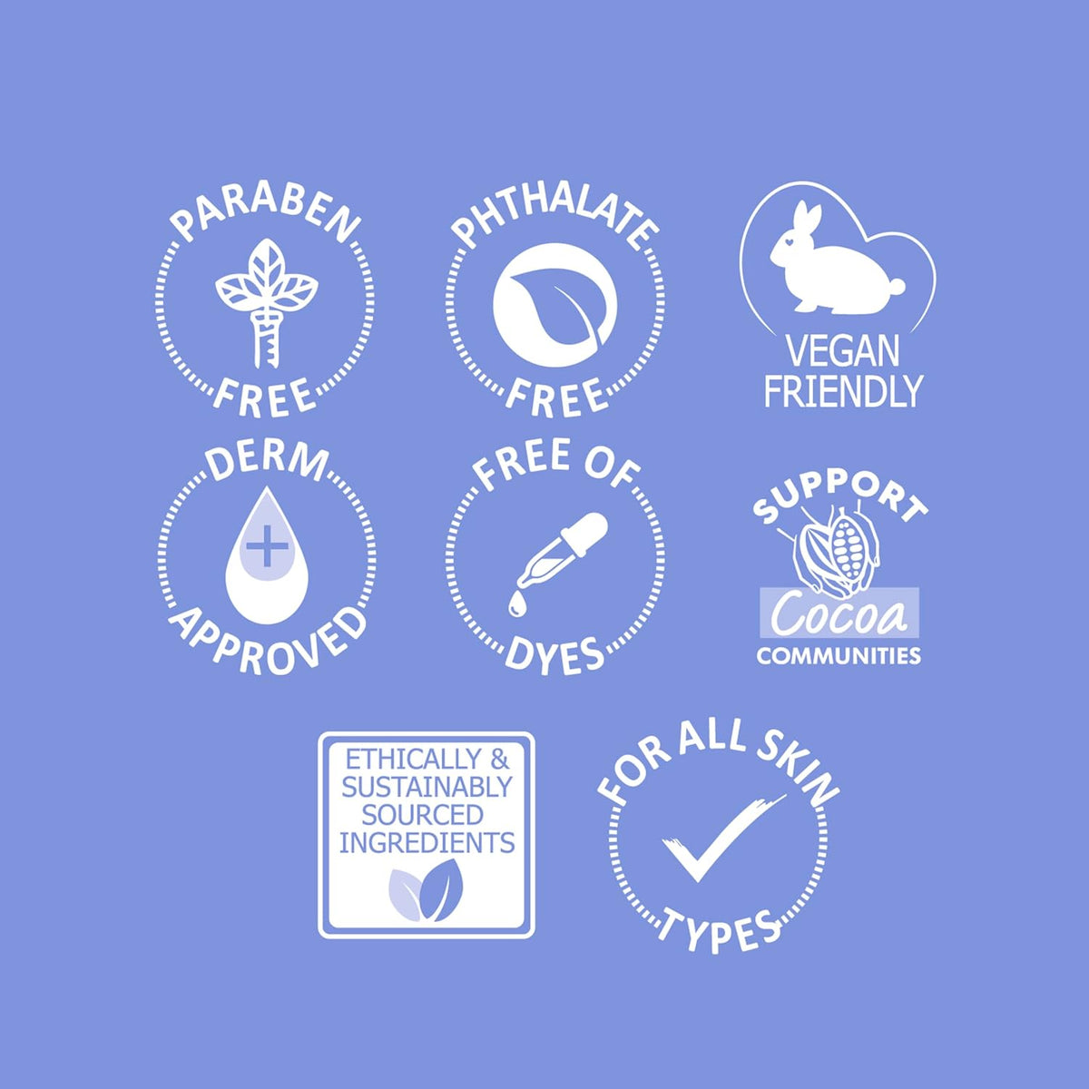 Lilac graphic of badges including paraben free, phthalate free, vegan friendly, dermatologist approved, free of dyes and for all skin types