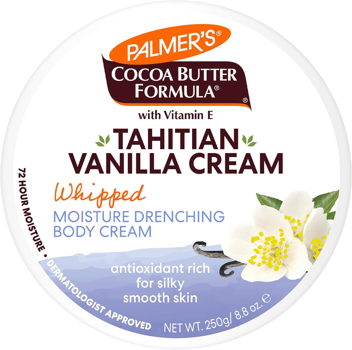 Top of the lid on the Palmer's Tahitian Vanilla Whipped Moisture Drenching Body Cream 250 g tub showing the Cocoa Butter Formula label