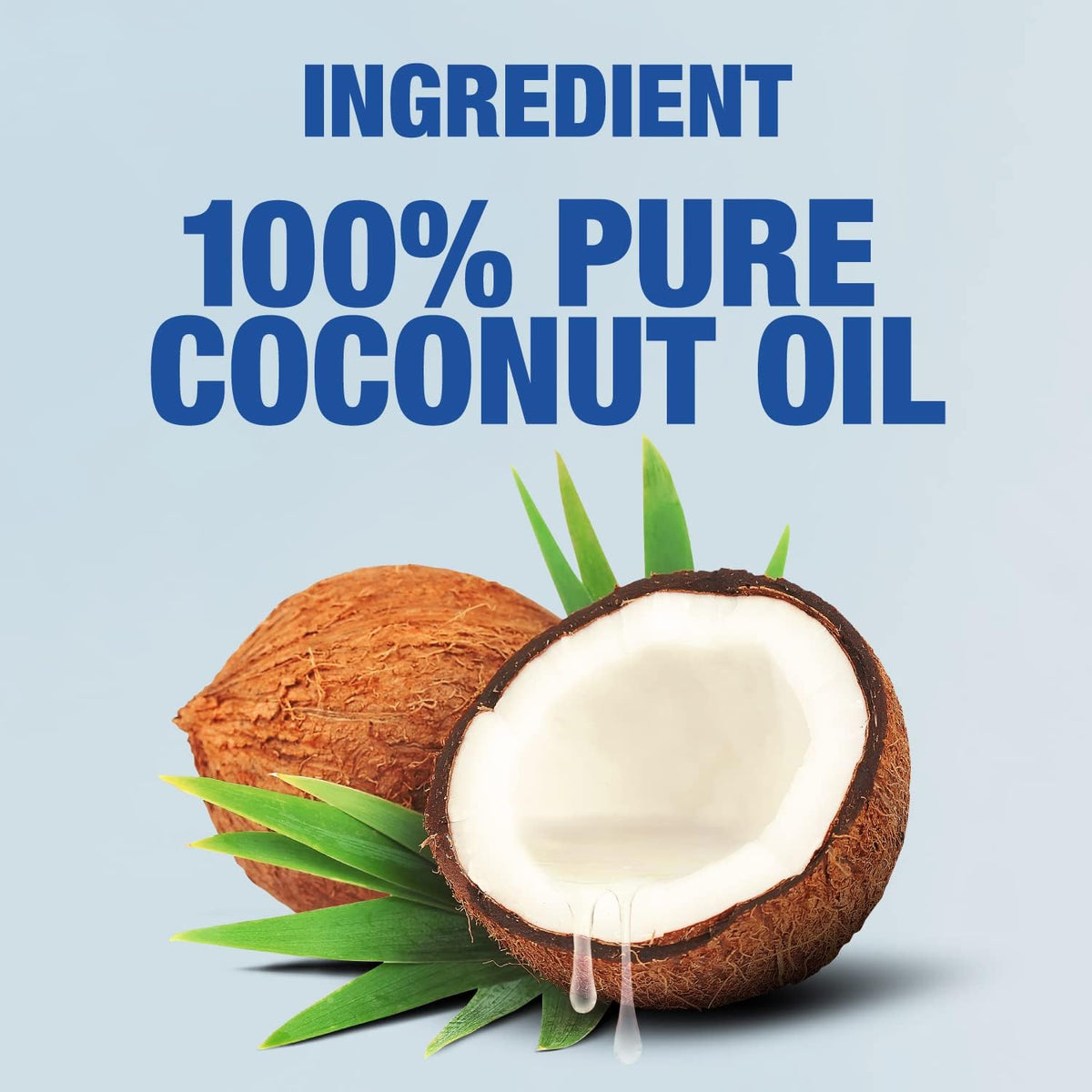 Ingredient graphic reading 100% pure coconut oil with a halved coconut and palm leaves