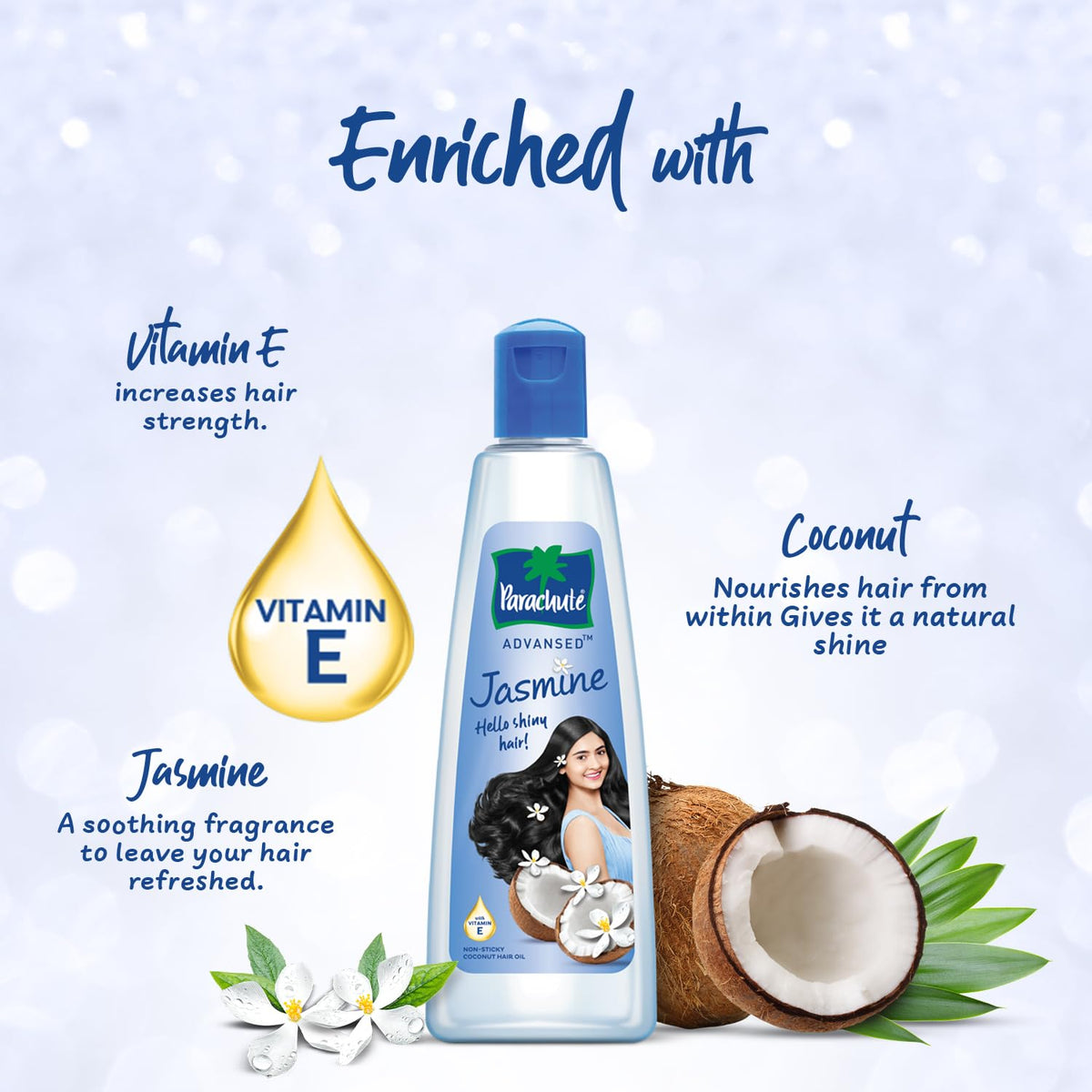 Enriched with graphic showing the Jasmine hair oil bottle with vitamin E, coconut and jasmine callouts