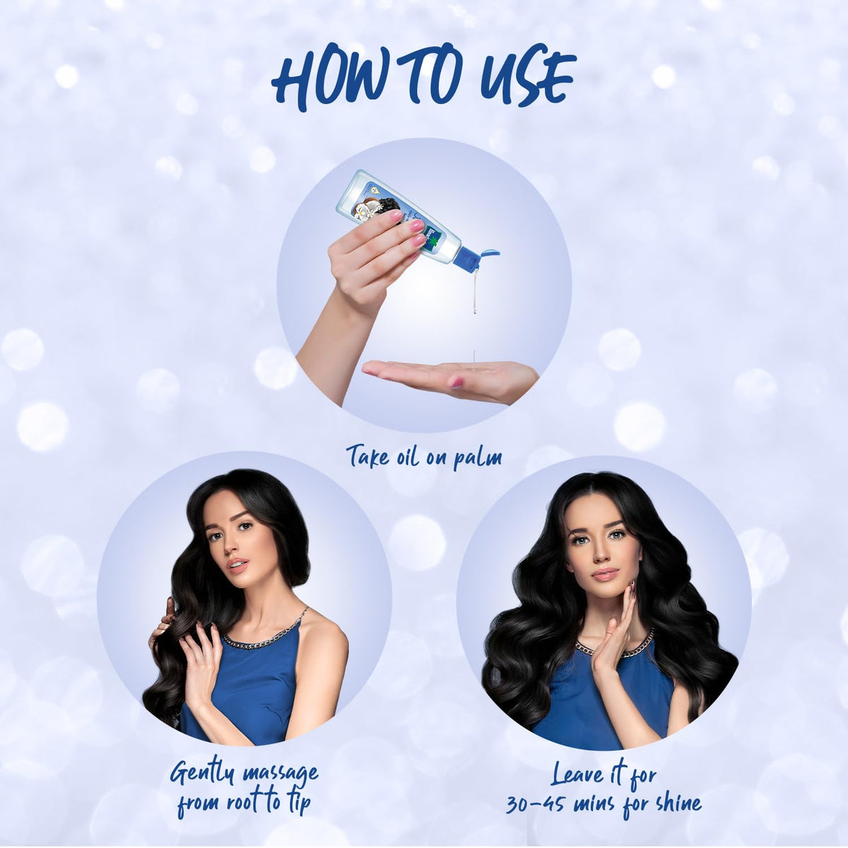 How to use graphic showing oil poured onto a palm and two women with dark hair, captioned gently massage from root to tip and leave it in