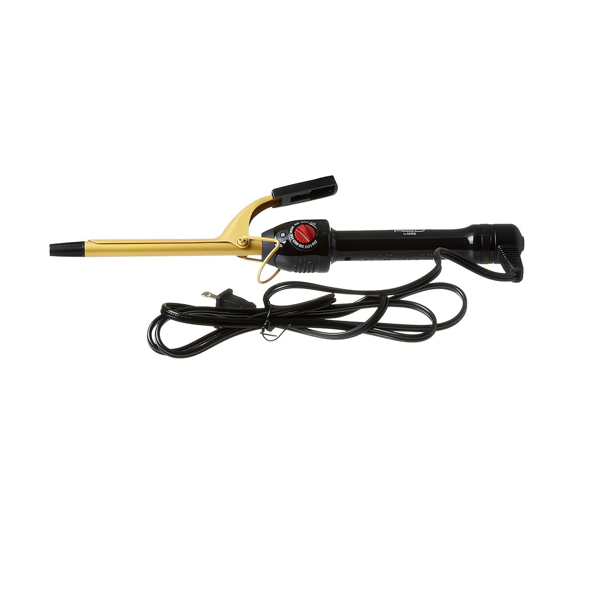 Full view of the curling iron with power cord and plug extended
