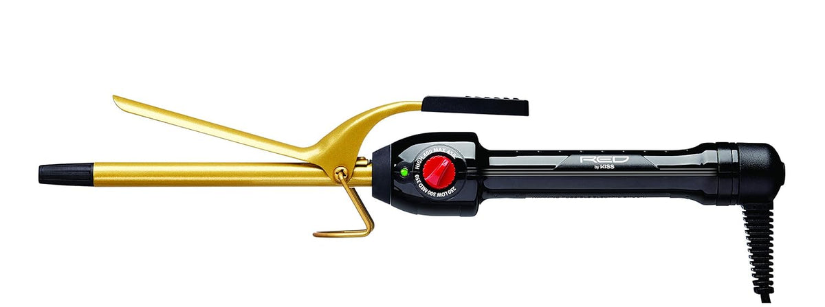RED by KISS Ceramic Tourmaline Professional Curling Iron, 3/8 inch, gold barrel with clip and black handle
