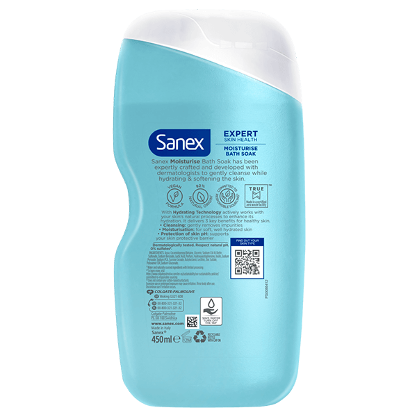 Sanex Moisturising Bath Soak 450 ml back label