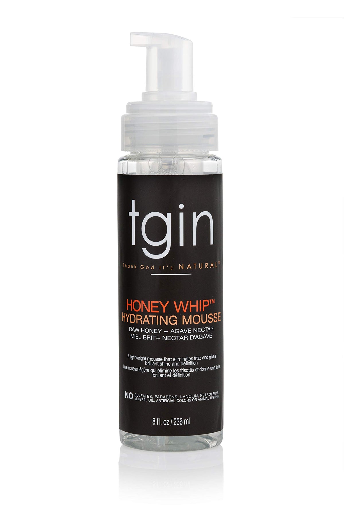TGIN Honey Whip Hydrating Mousse 236 ml clear pump bottle with black front label