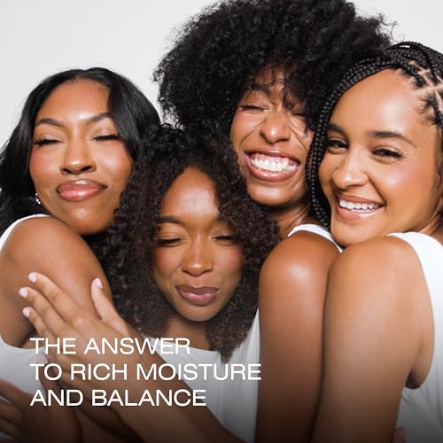 Four smiling women with curly and coily hair with text about rich moisture and balance