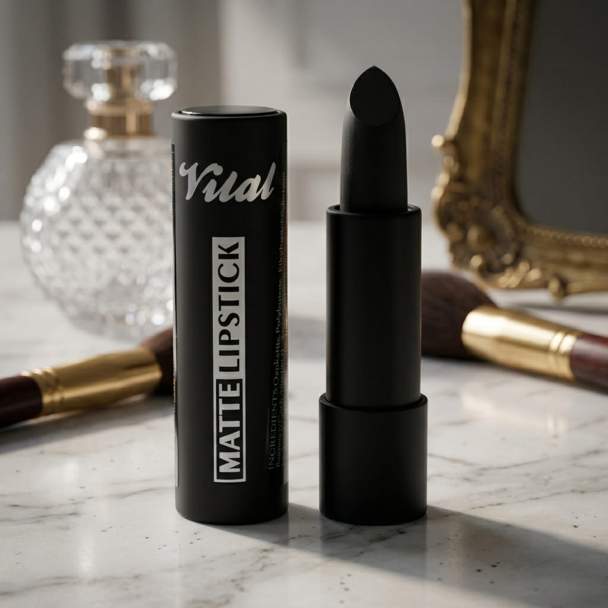 Vital Makeup Matte Lipstick in black beside its tube on a marble counter with brushes and a perfume bottle