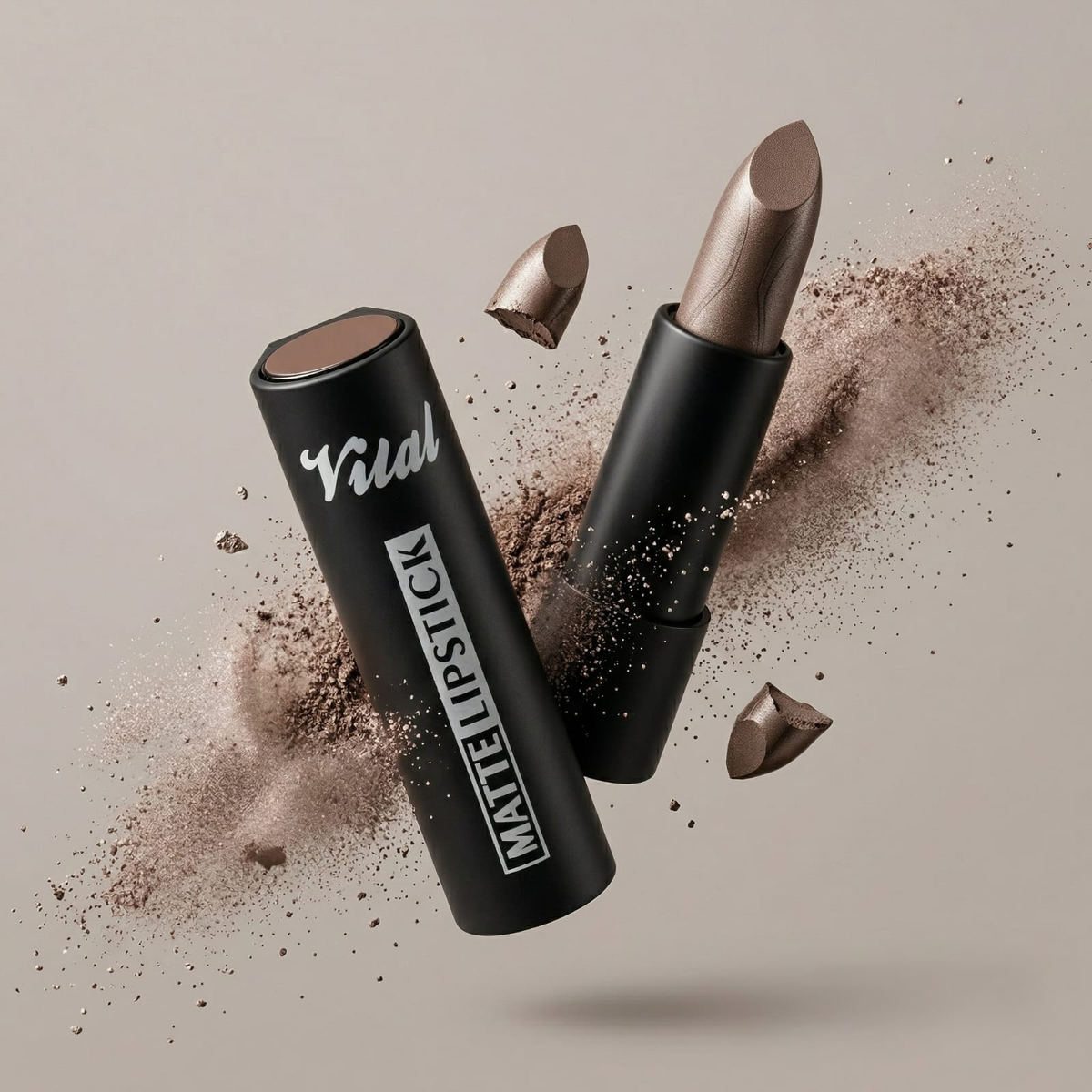 Two Vital Makeup Matte Lipsticks in a warm brown shade against a beige background with a burst of powder