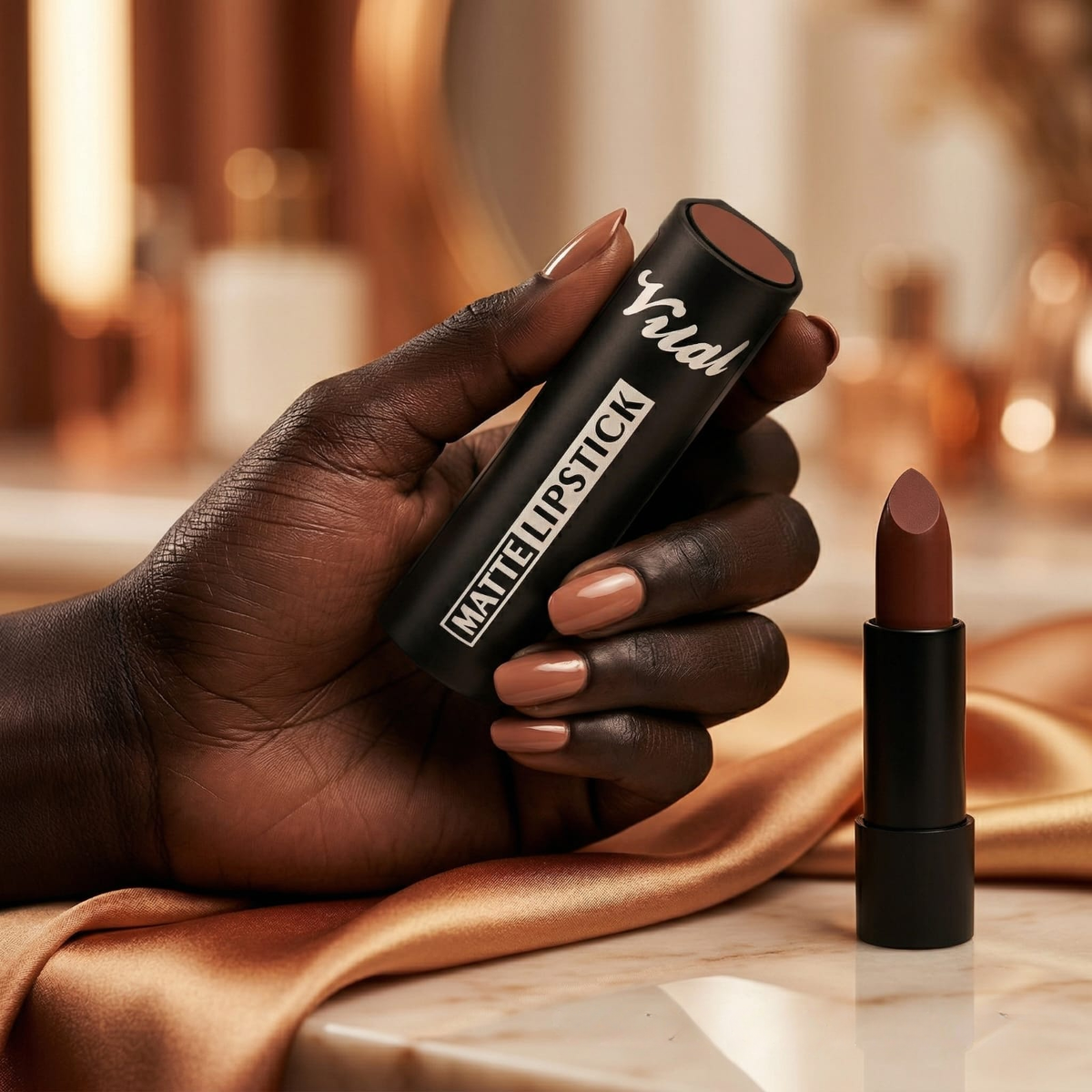 Hand holding a Vital Makeup Matte Lipstick tube next to an open brown lipstick on satin