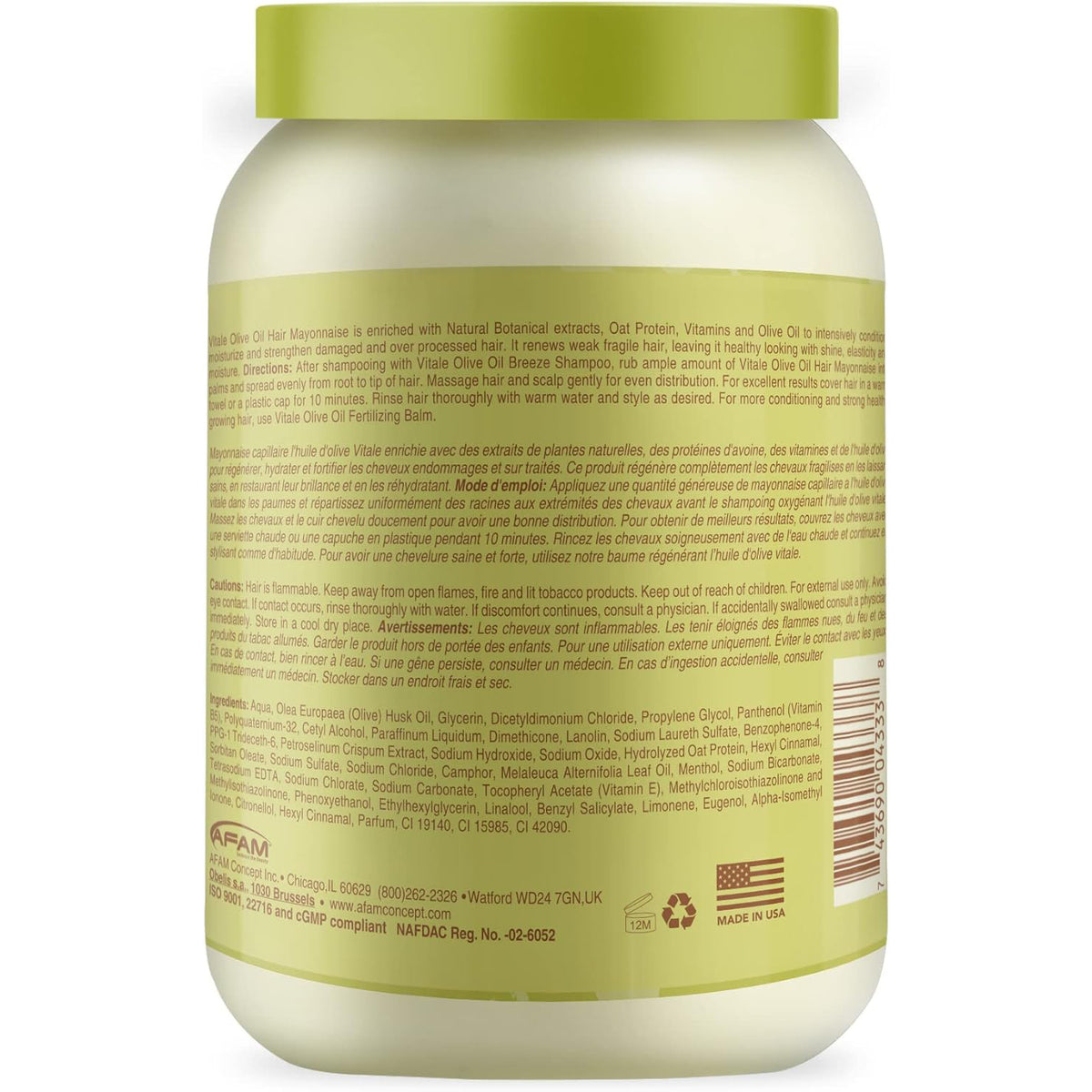 Vitale Olive Oil Hair Mayonnaise with Oat Protein & Pro Vitamins Deep Conditioning & Strengthening for Dry, Damaged, Brittle 