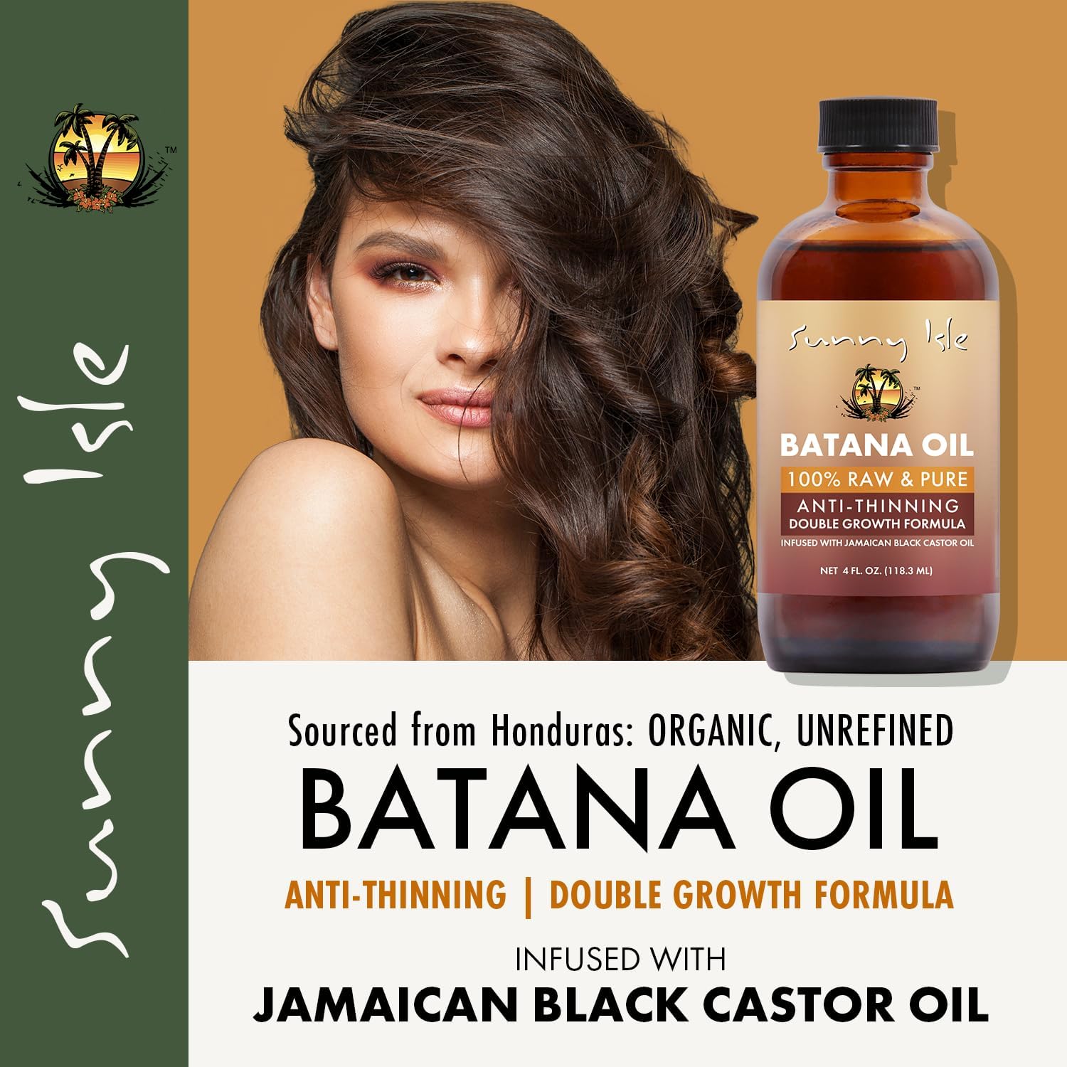 Sunny Isle 100% Raw & Pure Anti-Thinning Batana Oil 118.3 ml/4.0 oz, batana oil lifestyle graphic