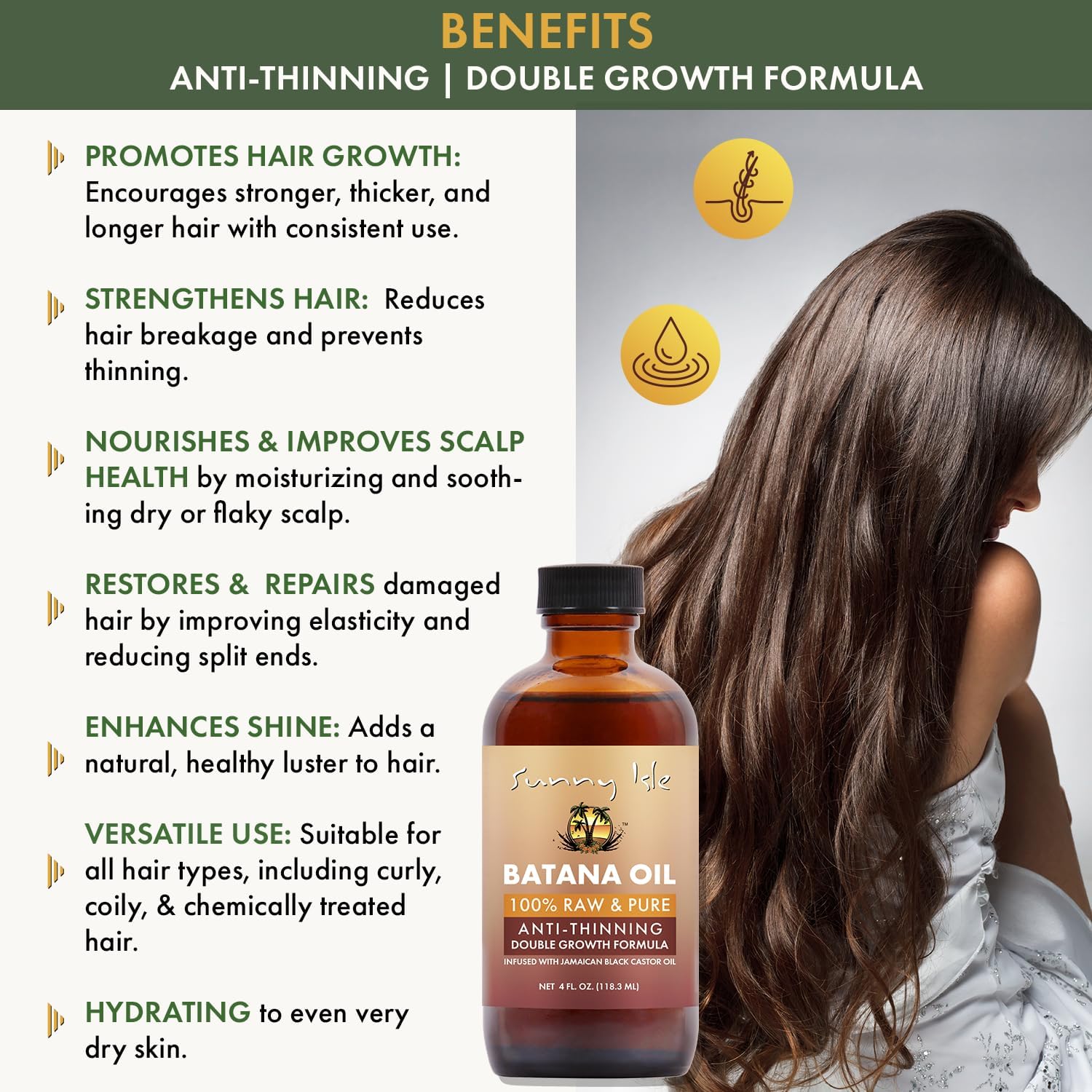 Sunny Isle 100% Raw & Pure Anti-Thinning Batana Oil 118.3 ml/4.0 oz, benefits information graphic