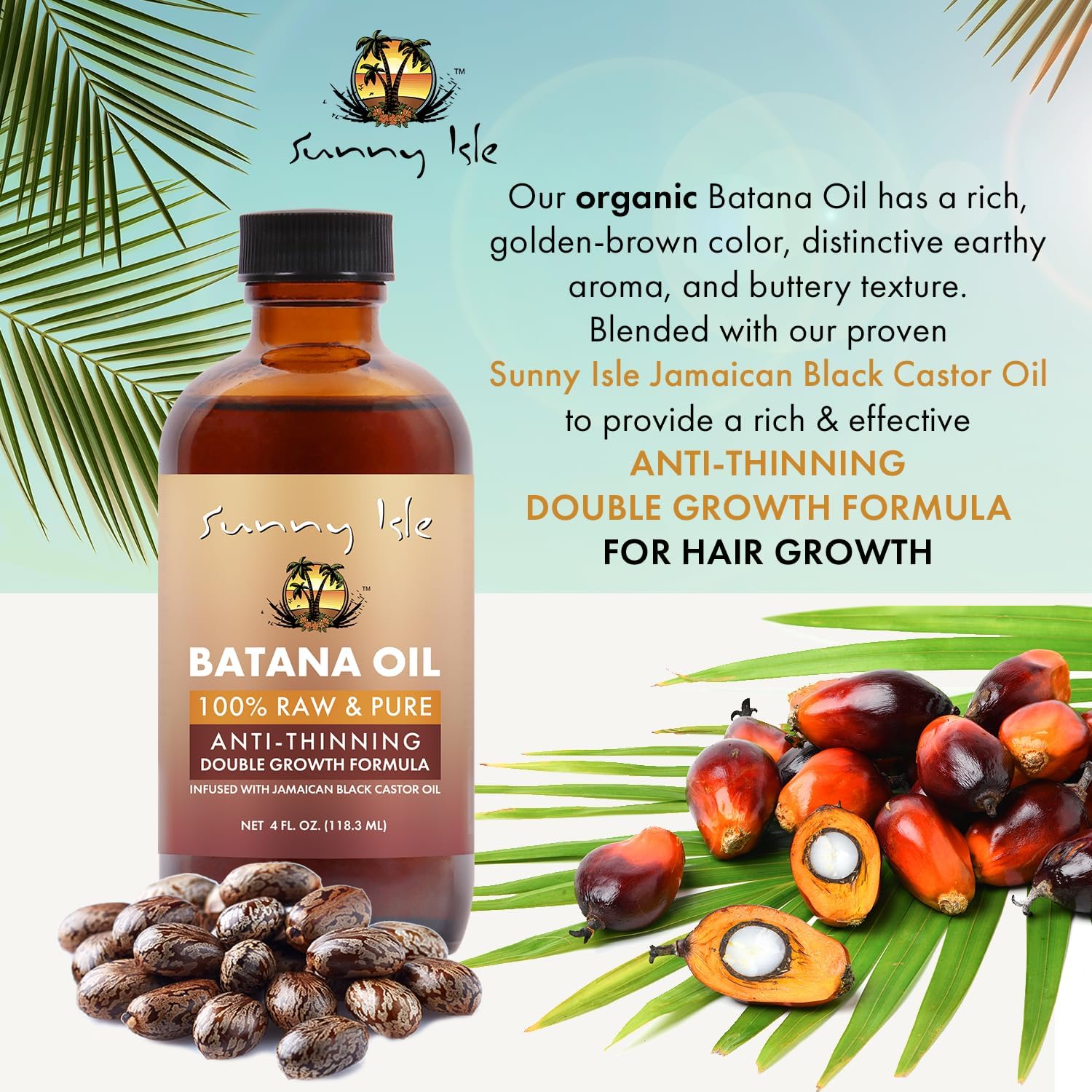 Sunny Isle 100% Raw & Pure Anti-Thinning Batana Oil 118.3 ml/4.0 oz, ingredients and product graphic